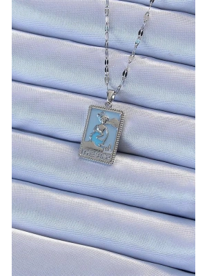 316L Çelik Zincir Gümüş Renk Mavi Mineli Tarot Kolye