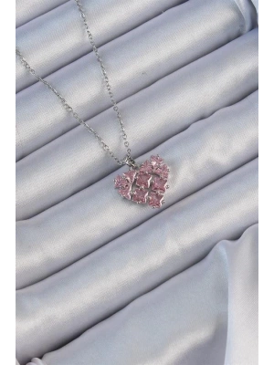 316L Çelik Zincir Gümüş Renk Pembe Parçalı Zirkon Taşlı Kalp Kolye