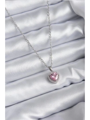 316L Çelik Zincir Gümüş Renk Pembe Zirkon Taş Charm Model Kadın Kolye