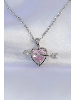 316L Çelik Zincir Gümüş Renk Pembe Zirkon Taşlı Eros Kolye