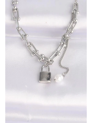 316L Çelik Zincir Gümüş Renk Zincirli Love Yazılı Kilit Kolye
