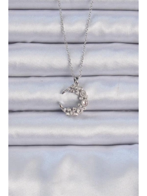 316L Çelik Zincir Gümüş Renk Zirkon Taşlı Ay Kolye