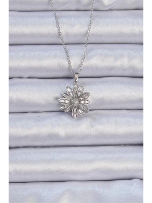 316L Çelik Zincir Gümüş Renk Zirkon Taşlı Çiçek Kolye