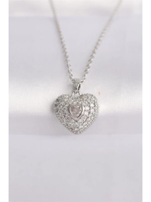 316L Çelik Zincir Gümüş Renk Zirkon Taşlı Kalp Kolye