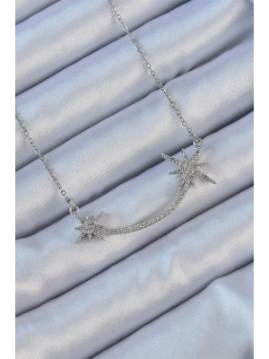 316L Çelik Zincir Gümüş Renk Zirkon Taşlı Kutup Yıldızı Kolye