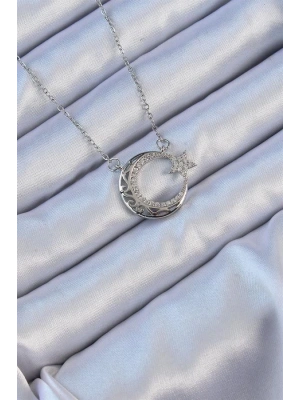 316L Çelik Zincir Gümüş Renk Zirkon Taşlı Motifli Ay Yıldız Kolye