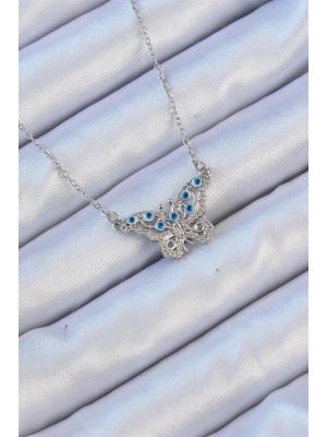 316L Çelik Zincir Gümüş Renk Zirkon Taşlı Nazarlı Kelebek Kolye