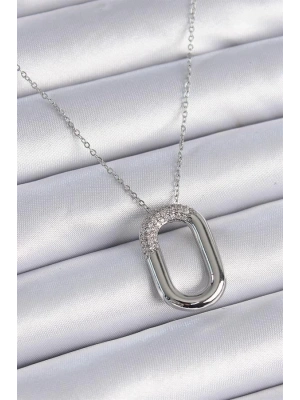 316L Çelik Zincir Gümüş Renk Zirkon Taşlı Oval Halka Model Kadın Kolye