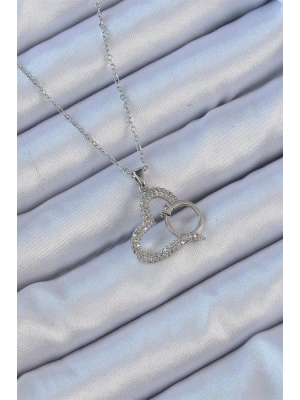 316L Çelik Zincir Gümüş Renk Zirkon Taşlı Yüzüklü Kalp Kolye