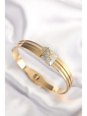 316L Çelik Zirkon Taşlı Gold Renk Kadın Kelepçe Bilezik