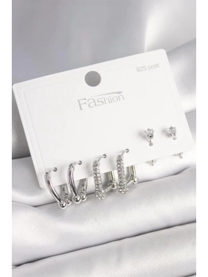 925 Ayar Gümüş Çivi Pirinç Gümüş Renk Zirkon Taşlı Tiffany Halka Model Kadın Küpe Seti