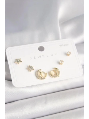 925 Ayar Gümüş Çivi Zirkon Taşlı Hilal Yıldız Model Kadın Küpe Seti