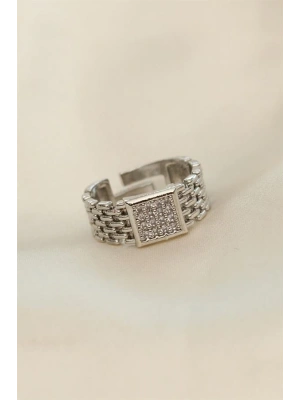 Ayarlamalı Gümüş Renk Kare Zirkon Taşlı Yüzük