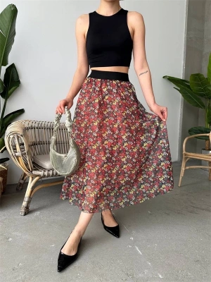 Baskılı astarlı uzun etek