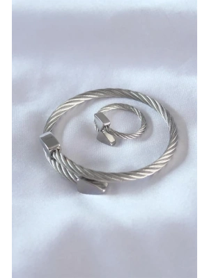 Çelik Gümüş Renk Burgu Model Erkek Bileklik Yüzük Seti