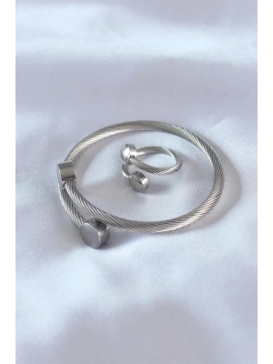 Çelik Gümüş Renk Sıkı Burgu Model Erkek Bileklik Yüzük Seti