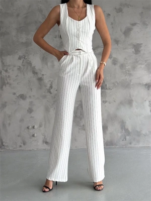 Çizgili palazzo pantolonlu yelek takım s3395