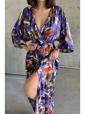 Dokuma baskılı yarasa kol elbise s8124