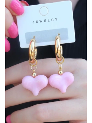 Gold Renk Halka Model Pembe Kalp Model Kadın Küpe