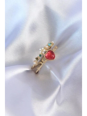 Gold Renk Kırmızı Zirkon Taş Kalp Model Pirinç Kadın Yüzük