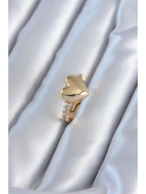 Gold Renk Pirinç Zirkon Taşlı Kalp Model Kadın Yüzük