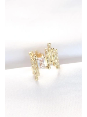 Gold Renk Tırtıklı Kalın Baget Taş Tasarım Ayarlanabilir Yüzük