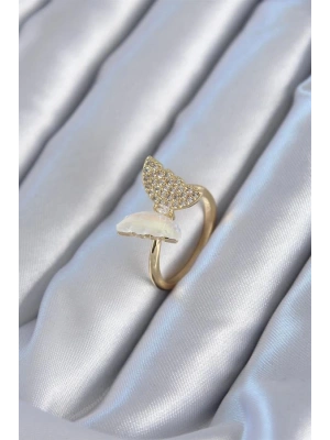 Gold Renk Zirkon Taş Detay Pirinç Kadın Yüzük