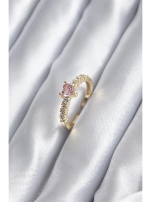 Gold Renk Zirkon Taşlı Pembe Kristal Kalp Model Kadın Yüzük