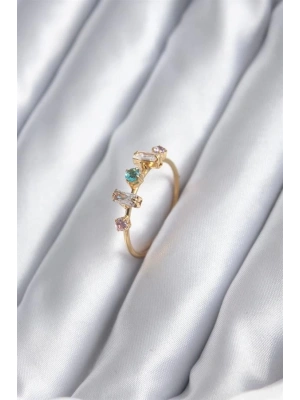 Gold Renk Zirkon Taşlı Renkli Zirkon Taşlı Kadın Yüzük