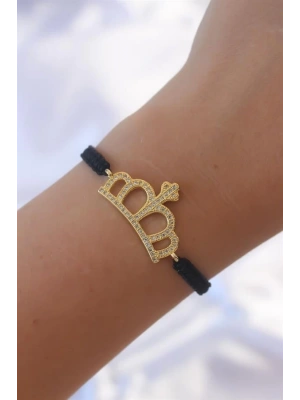 Gold Renk Zirkon Taşlı Taç Figür Makrome Bileklik