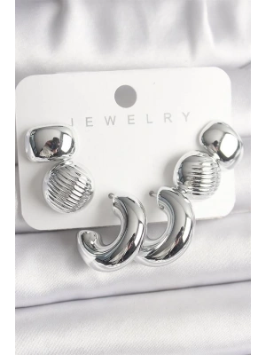 Gümüş Renk İşlemeli Daire Halka Model CCB Platik Kadın Küpe Seti