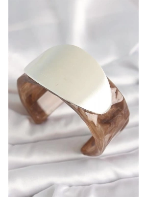 Kahverengi Mermer Desen Akrilik Plastik Gümüş Oval Plaka Model Vintage Kadın Bilezik