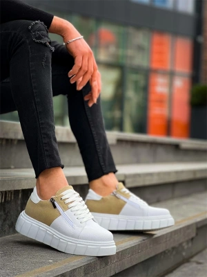 KB-X155 Kuback Beyaz Cilt Bej Süet Detaylı Beyaz Yüksek Taban Günlük Spor Ayakkabı