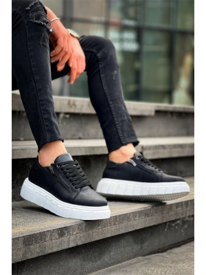 KB-X155 Kuback Siyah Cilt Detaylı Beyaz Yüksek Taban Günlük Spor Ayakkabı