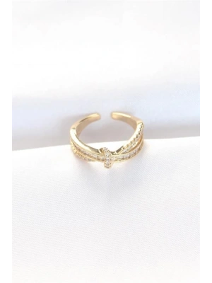 Kıvrım Model Gold Renk Zirkon Taşlı Ayarlanabilir Yüzük
