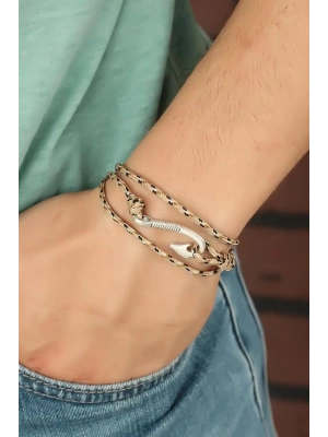 Krem Renk Çizgi Desenli Metal Kancalı Erkek Bileklik