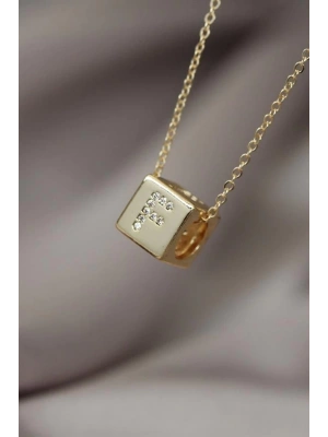 Küp Model Gold Renk Zirkon Taşlı F Harfli Kolye