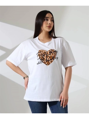 Leopar kalp Baskılı Kadın T-Shirt