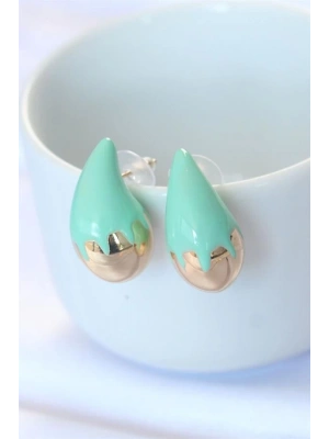 Minimal Turkuaz Mineli Çift Renk Damla Küpe