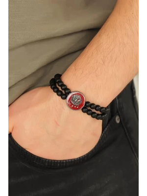 Osmanlı Tuğralı Kırmızı Metal Aksesuarlı Siyah Oniks Doğal Taş Erkek Bileklik