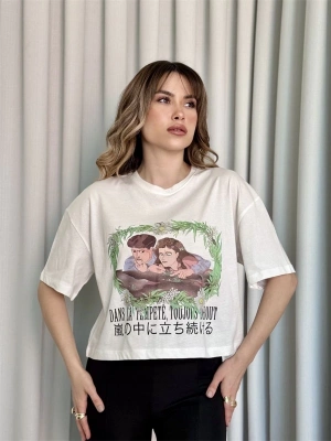 Oversize Beyaz Baskılı Crop Kadın T-Shirt