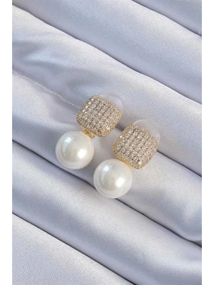 Pirinç Altın Renk Zirkon Taşlı Kare Model İnci Tasarım Kadın Küpe