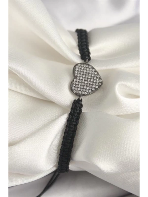 Pirinç Füme Renk Zirkon Taşlı Kalp Figür Asansörlü Makrome Model Kadın Bileklik