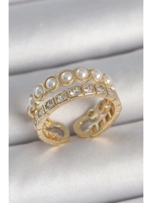 Pirinç Gold Renk 2Li Zirkon Taşlı Ve İncili Ayarlanabilir Kadın Yüzük