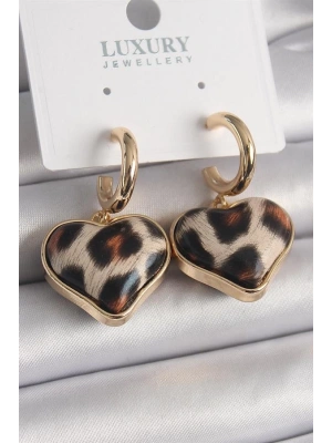 Pirinç Gold Renk 3D Kalp Leopar Model Kadın Küpe