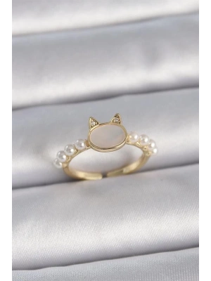 Pirinç Gold Renk Ayarlanabilir Beyaz Mineli Kedi Model İnci Detay Kadın Yüzük