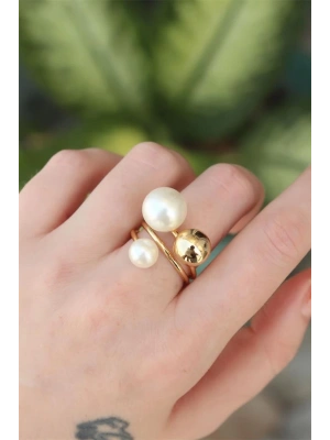 Pirinç Gold Renk Ayarlanabilir İnci Taşlı Yüzük