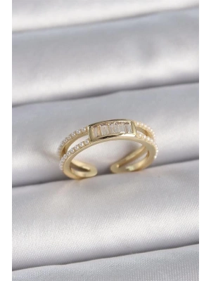 Pirinç Gold Renk Ayarlanabilir Sıralı İncili Zirkon Taş Detaylı Kadın Yüzük