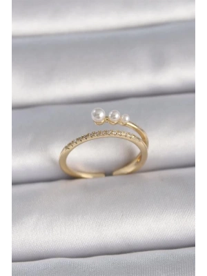 Pirinç Gold Renk Ayarlanabilir Zirkon Taşlı İncili Model Kadın Yüzük