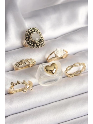 Pirinç Gold Renk Beyaz Gül Figür Kalp İşlemeli Sarmal Detay 6Lı Kadın Yüzük Seti